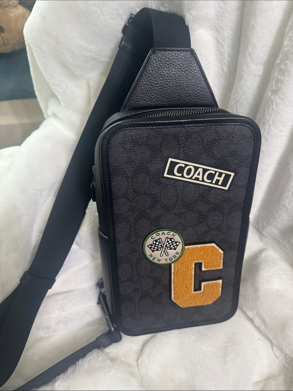 Coach Black Leather Patch-Accent Men’s Sling Bag